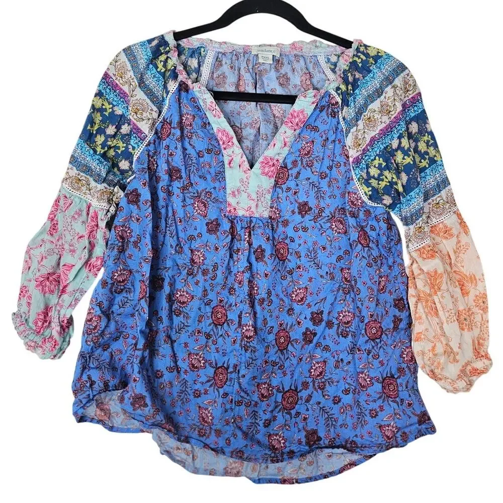 Sundance XXS P Blue Floral Tunic Top Boho Cottage Romantic Cotton Garden